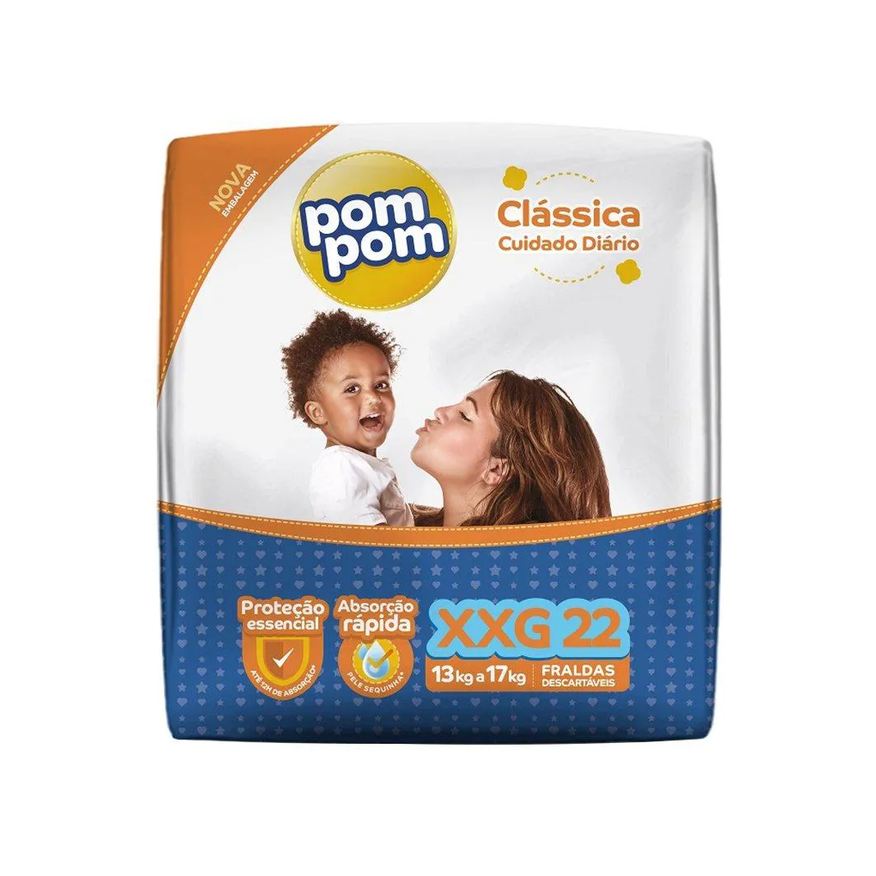Pom Pom Fralda Descartável Pompom Clássica Econômica Tamanho Xxg - 8 Pacotes com 22 Fraldas - Total 176 Tiras