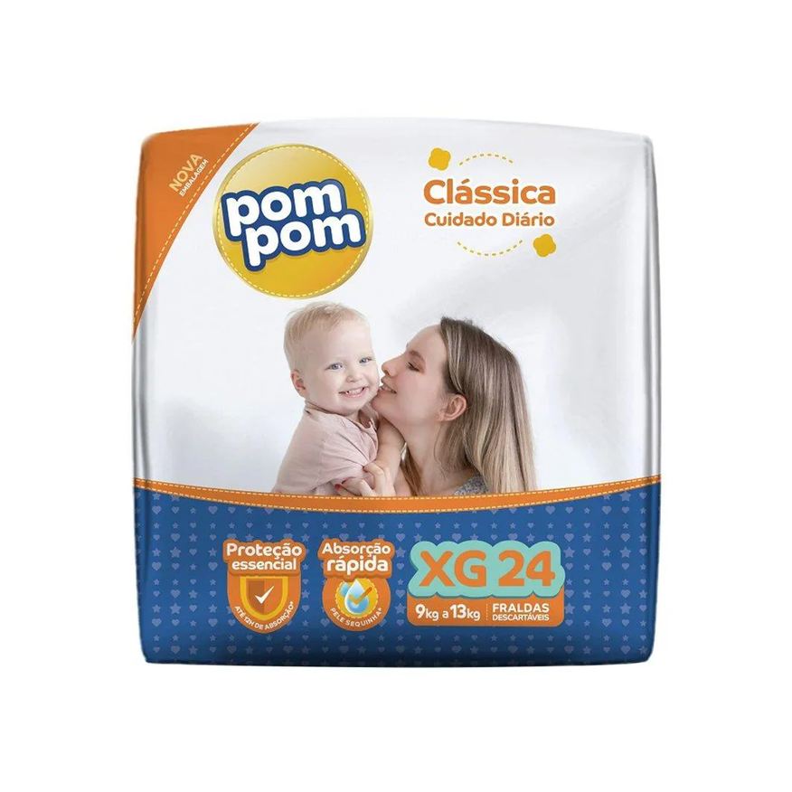Pom Pom Fralda Descartável Pompom Clássica Econômica Tamanho Xg - 8 Pacotes com 24 Fraldas - Total 192 Tiras
