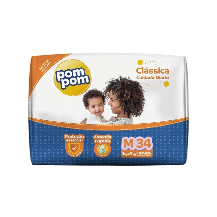 Pom Pom Fralda Descartável Pompom Clássica Econômica Tamanho M - 8 Pacotes com 34 Fraldas - Total 272 Tiras