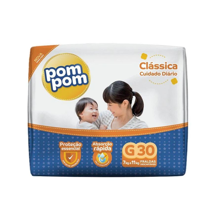 Pom Pom Fralda Descartável Pompom Clássica Econômica Tamanho G - 8 Pacotes com 30 Fraldas - Total 240 Tiras
