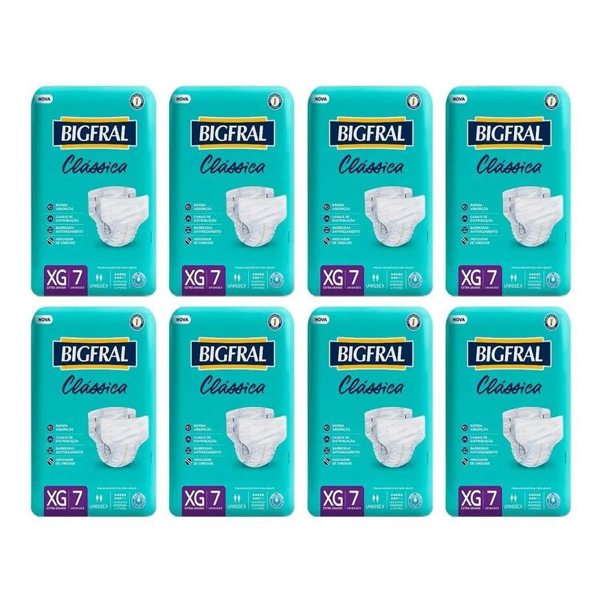Bigfral Fralda Descartável Adulto Clássica Extra Grande 8 Pacotes C/ 7 Fraldas