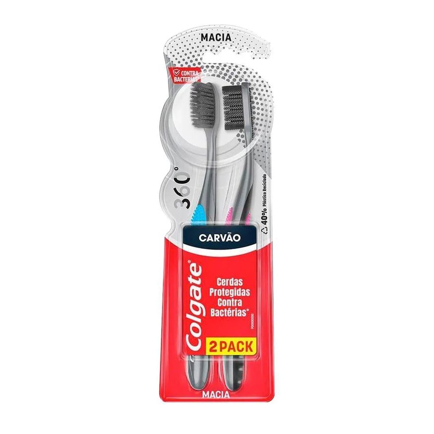 Colgate Escova Dental Contra Bactérias 360º Black Carvão Embalagem 2 unidades