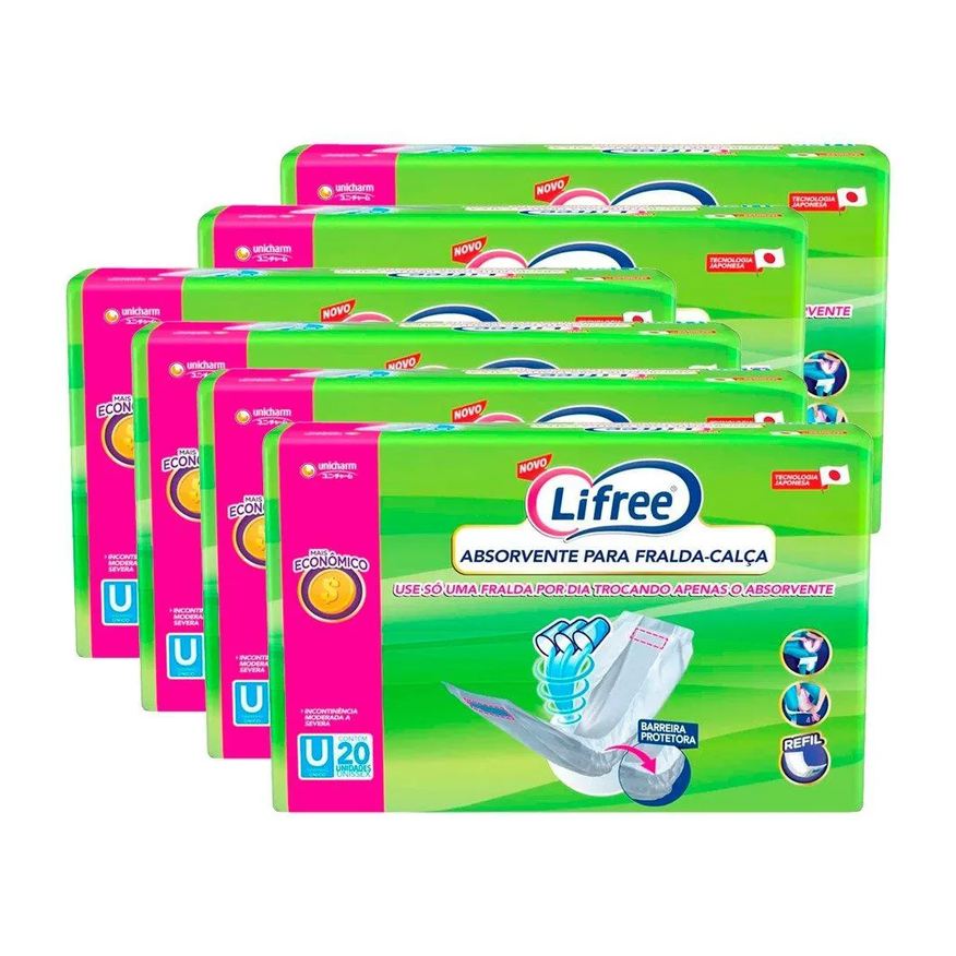 Lifree Absorvente Geriátrico para Fralda Calça Refil - 6 Embalagens com 20 unidades
