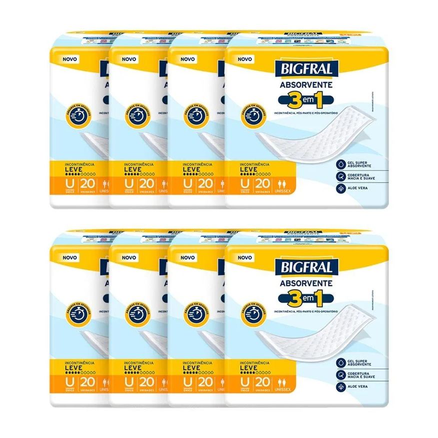 Bigfral Absorvente Geriátrico 3 em 1 - 8 Embalagens com 20 unidades