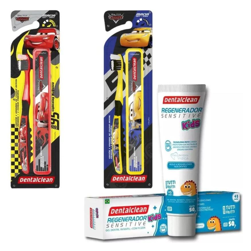 Dentalclean Escova + Estojo Carros + Gel Regenerador KIDS