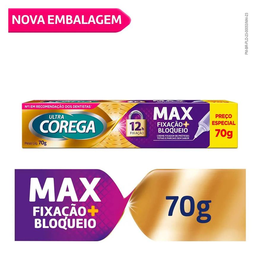 Fixador Creme de Dentadura Ultra Corega Max Fixação + Bloqueio Sem Sabor 70g