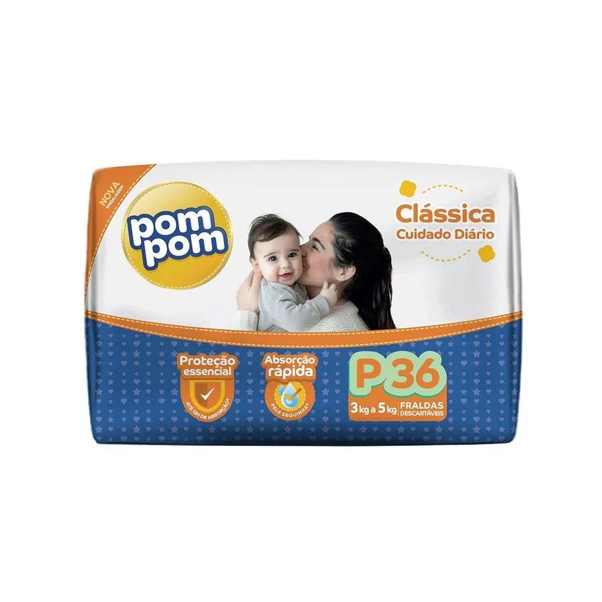 Pom Pom Fralda Descartável Pompom Clássica Econômica Tamanho P - 8 Pacotes com 36 Fraldas - Total 288 Tiras