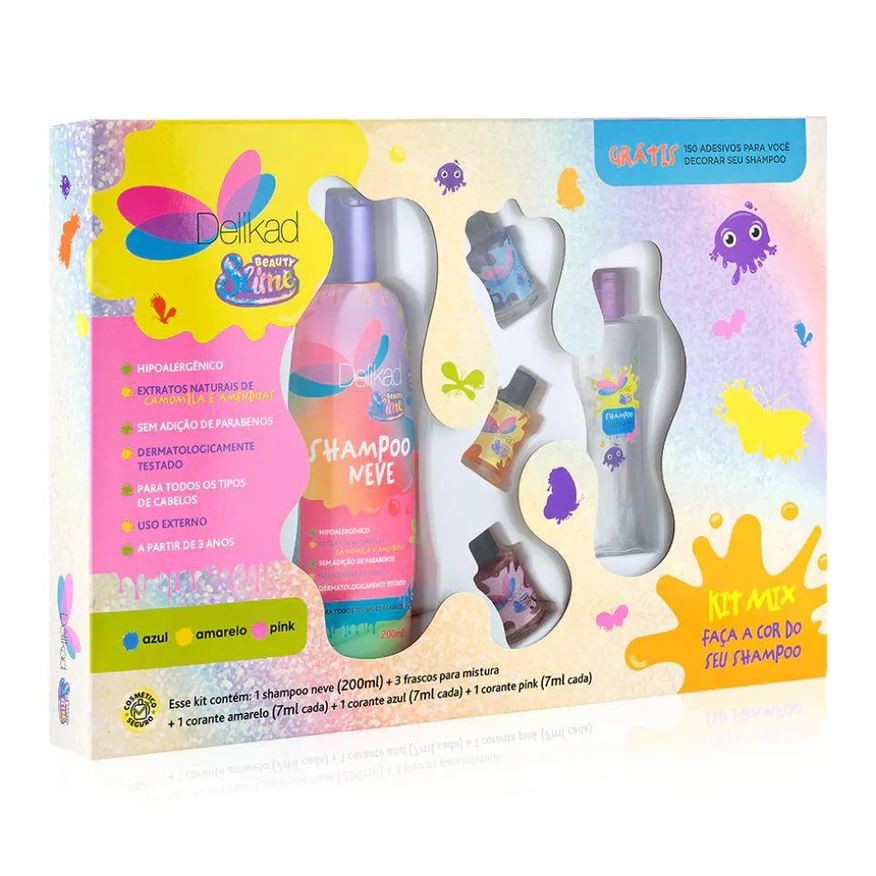 Delikad Kit Mix Beauty Slime ( Shampoo 200ml + 3 Frascos para Mistura + 3 Corantes Coloridos + 150 Adesivos )