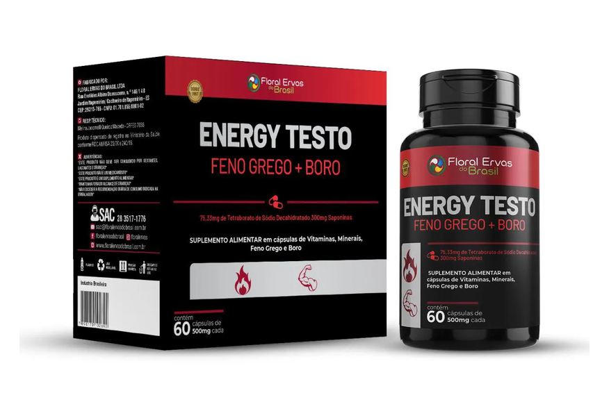 Floral Ervas do Brasil Energy Testo Feno Grego Boro Tirosina Magnésio Zinco Selênio Vitamina 3B 6B 9B Guaraná