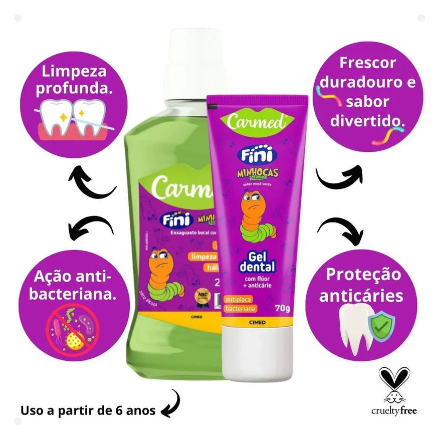 Carmed Kit Fini Minhocas Azedinhas: Gel Dental 70g e Enxaguante Bucal 250ml