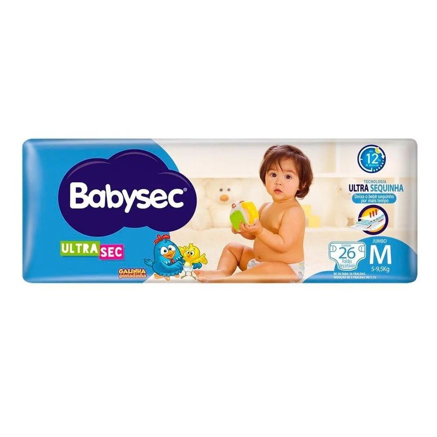 Babysec Fralda Descartável Galinha Pintadinha Ultra Sec Jumbo Tamanho M - 8 Pacotes com 26 Fraldas - Total 208 Tiras