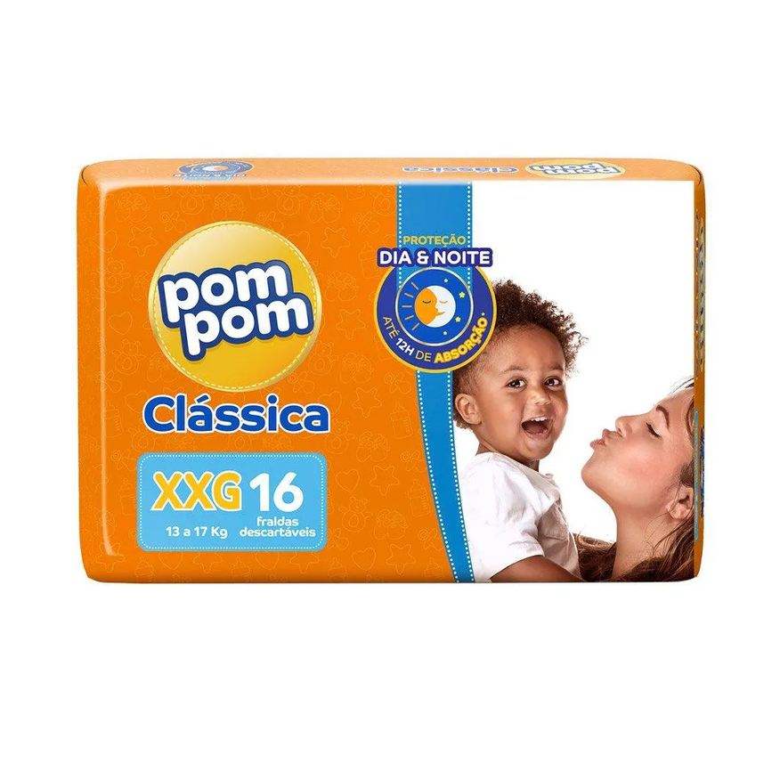 Pom Pom Fralda Descartável Clássica Jumbo Tamanho Xxg - 8 Pacotes com 16 Fraldas - Total 128 Tiras