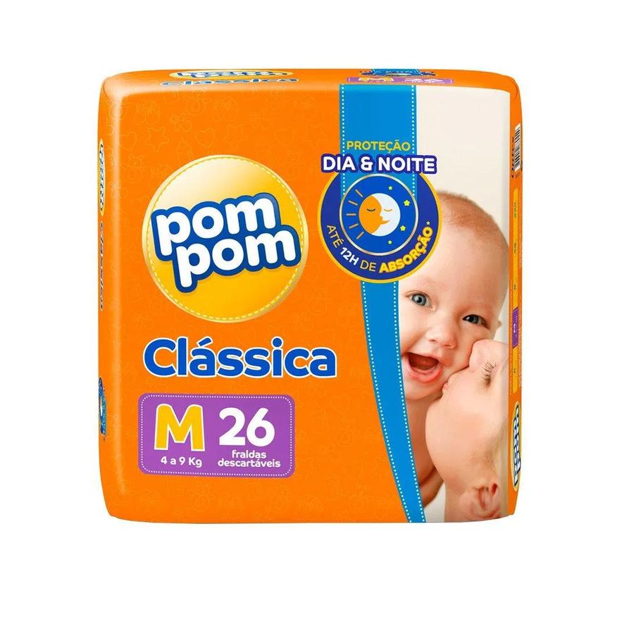 Pom Pom Fralda Descartável Clássica Jumbo Tamanho M - 8 Pacotes com 26 Fraldas - Total 208 Tiras