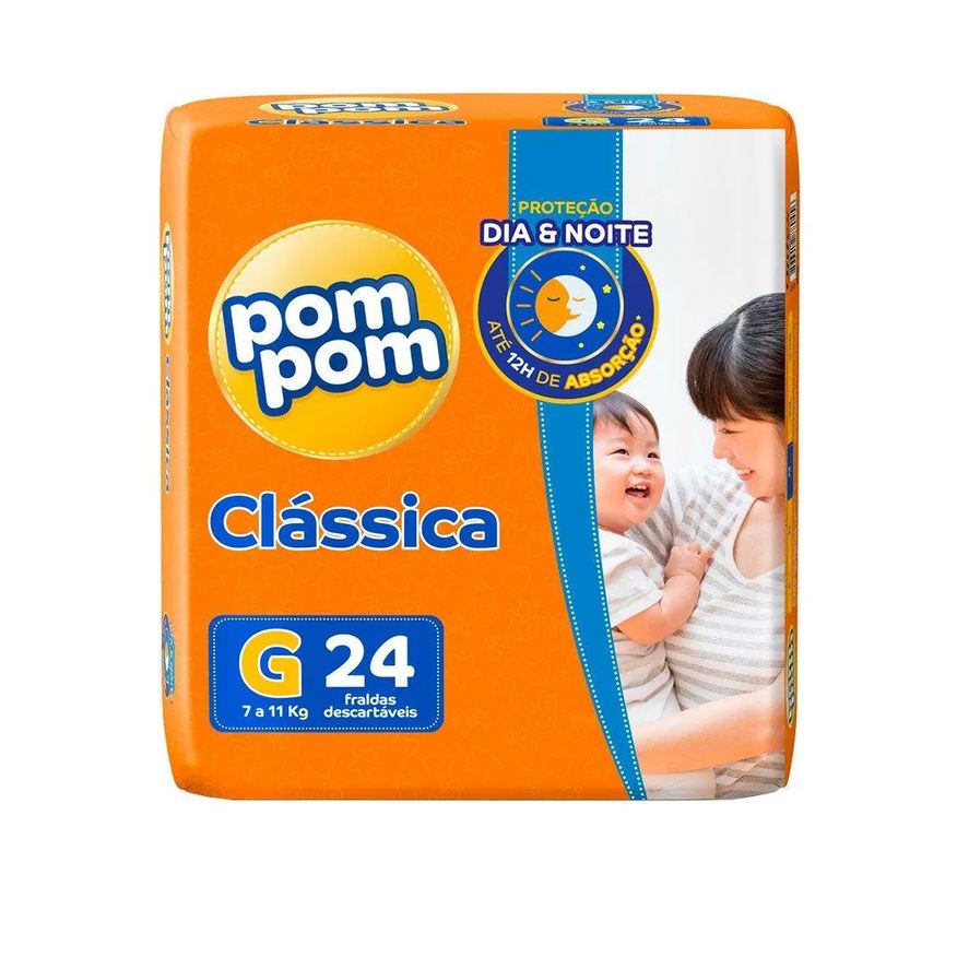 Pom Pom Fralda Descartável Clássica Jumbo Tamanho G - 8 Pacotes com 24 Fraldas - Total 192 Tiras