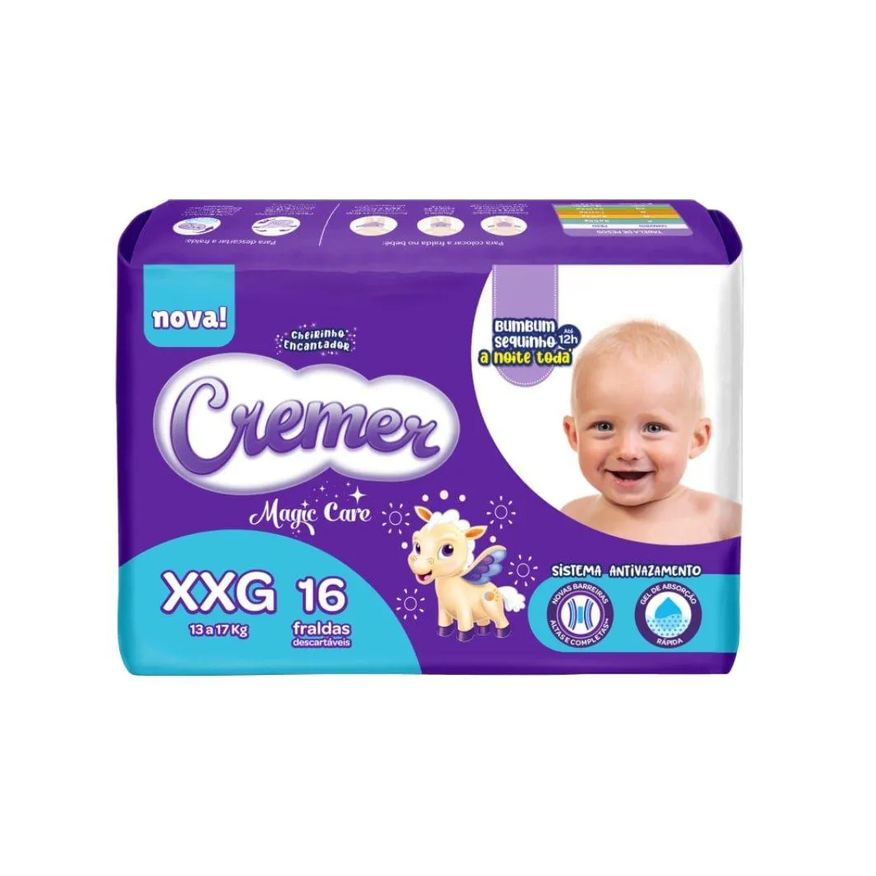 Cremer Fralda Descartável Jumbo Tamanho Xxg - 8 Pacotes com 16 Fraldas - Total 128 Tiras