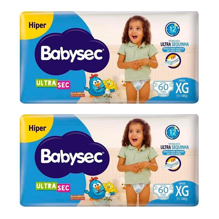 Babysec Fralda Descártavel Ultra Xg - 2 Pacotes com 60 Fraldas - Total 120 Tiras