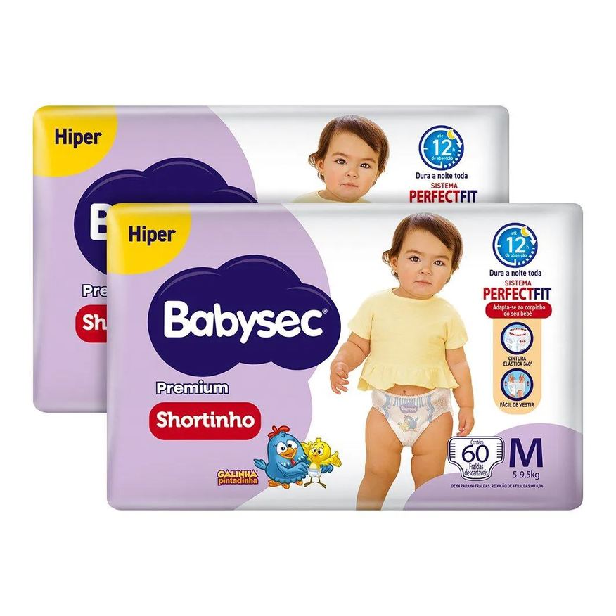 Babysec Fralda Descartável Shortinho Galinha Pintadinha Hiper Tamanho M - 2 Pacotes com 60 Fraldas - Total 120 Tiras