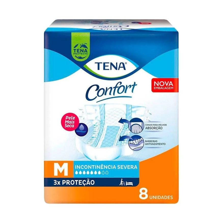 Tena Fralda Geriátrica Confort Tamanho M - 9 Pacotes com 8 Fraldas - Total 72 Tiras