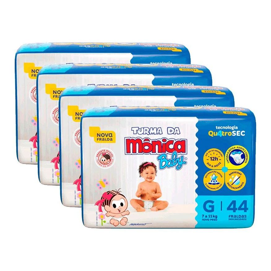 Turma da Mônica Fralda Descartável Tamanho G - 4 Pacotes com 44 Fraldas - Total 176 Tiras