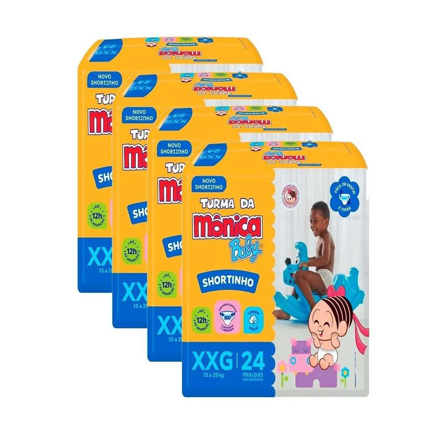 Turma da Mônica Fralda Descartável Shortinho Jumbo Tamanho Xxg - 4 Pacotes com 24 Fraldas - Total 96 Tiras