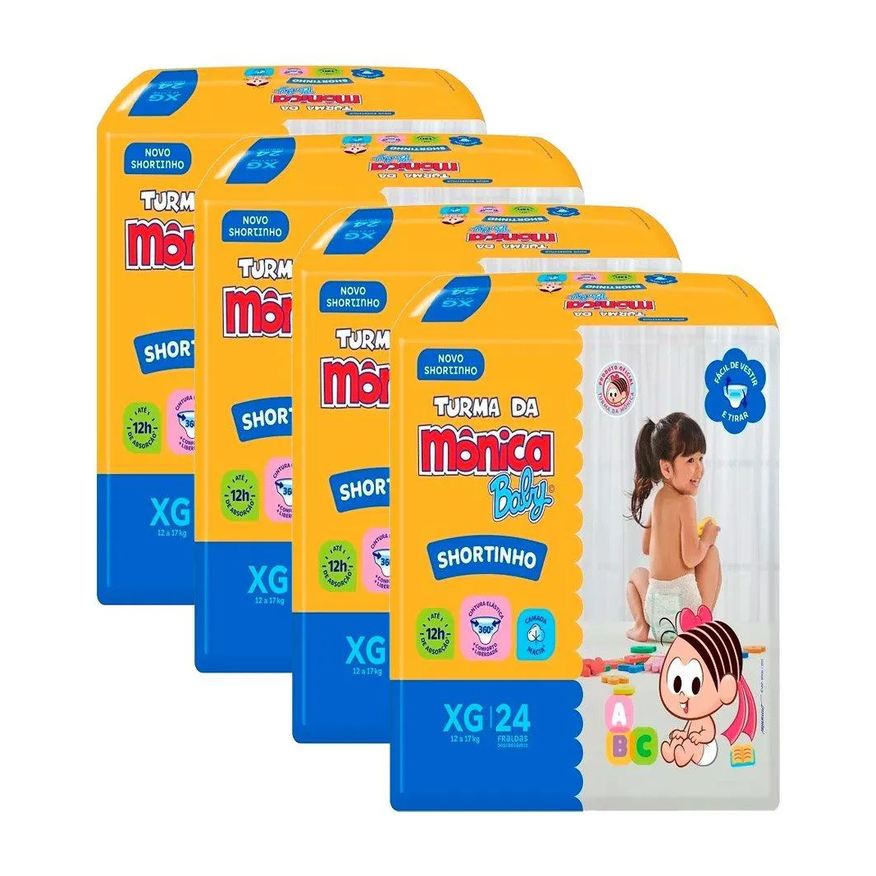 Turma da Mônica Fralda Descartável Shortinho Jumbo Tamanho Xg - 4 Pacotes com 24 Fraldas - Total 96 Tiras
