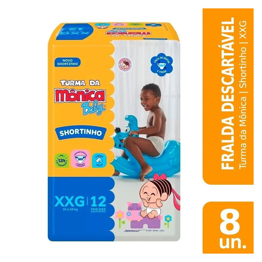 Turma da Mônica Fralda Descartável Shortinho Jumbinho Tamanho Xxg - 8 Pacotes com 12 Fraldas - Total 96 Tiras