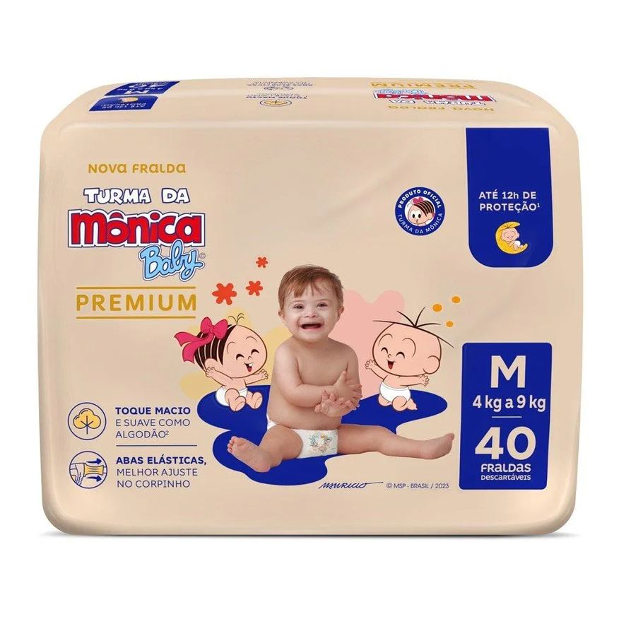 Turma da Mônica Fralda Descartável Premium Econômica Tamanho M 6 Pacotes com 40 Fraldas- Total 240 Tiras