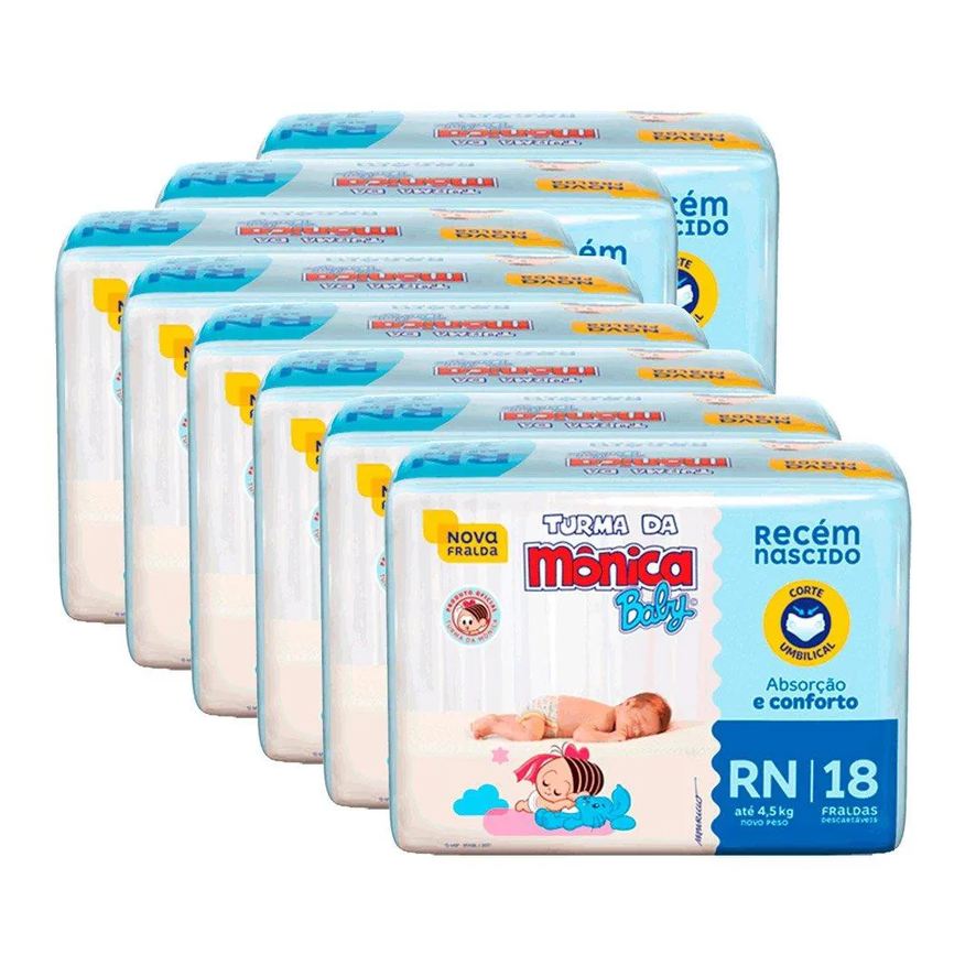 Turma da Mônica Fralda Descartável Jumbinho Tamanho Rn - 8 Pacotes com 18 Fraldas - Total 144 Tiras