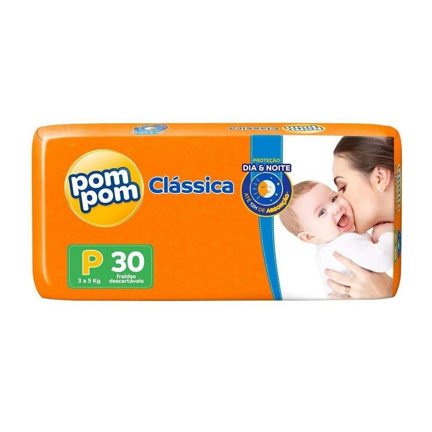 Pom Pom Fralda Descartável Clássica Jumbo Tamanho P - 8 Pacotes com 30 Fraldas - Total 240 Tiras