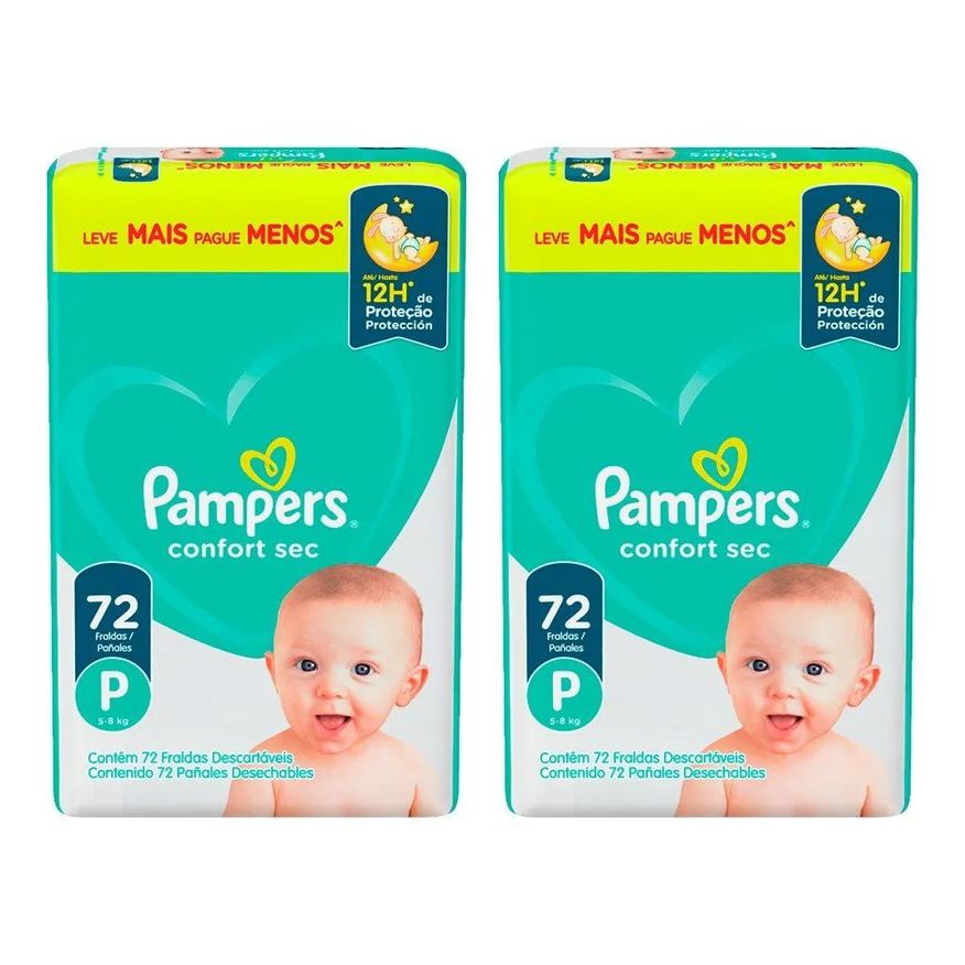Pampers Fralda Descartável Confort Sec Tamanho P - 2 Pacotes com 72 Fraldas - Total 144 Tiras