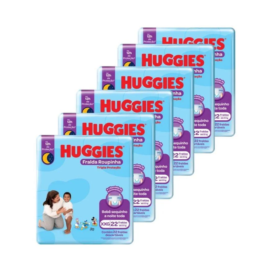 Huggies Fralda Descartável Tripla Proteção - Roupinha Tamanho Xxg, 6 Pacotes com 22 Fraldas - Total 132 Tiras