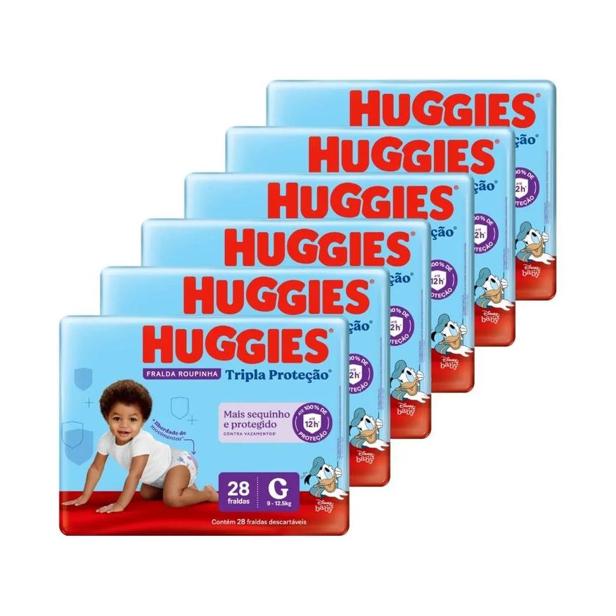 Huggies Fralda Descartável Tripla Proteção - Roupinha Tamanho G, 6 Pacotes com 28 Fraldas - Total 168 Tiras