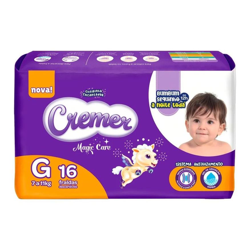 Cremer Fralda Descartável Jumbinho Tamanho G - 8 Pacotes com 16 Fraldas - Total 128 Tiras