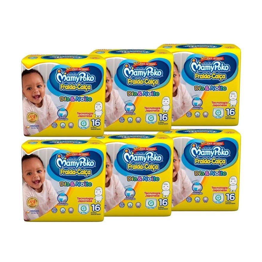 Mamypoko Fralda Descartável Calça Dia & Noite Tamanho G - 6 Pacotes com 16 Fraldas - Total 96 Tiras