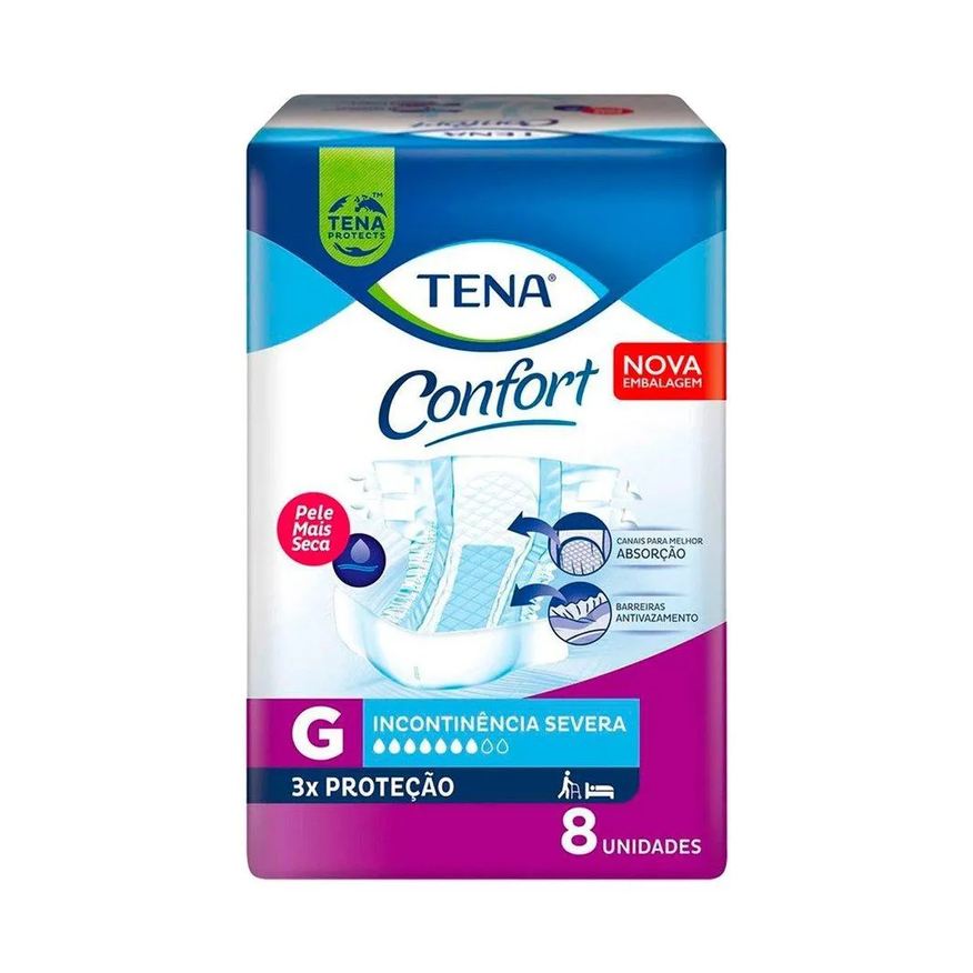 Tena Fralda Geriátrica Confort Tamanho G - 9 Pacotes com 8 Fraldas - Total 72 Tiras