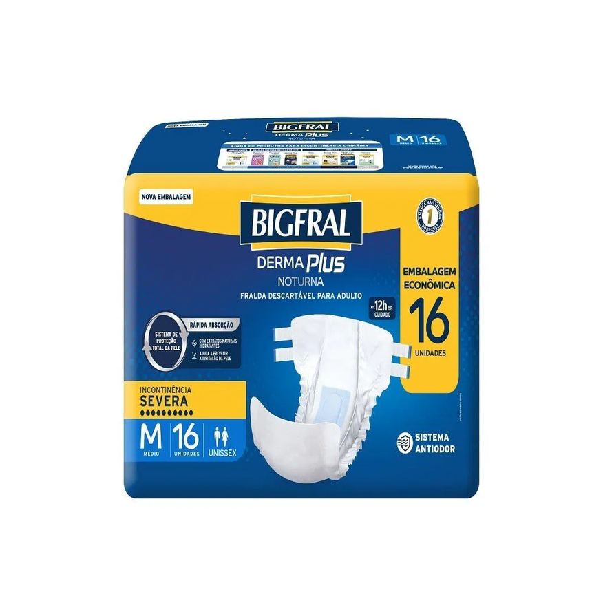Bigfral Fralda Descartável Adulto Derma Plus Noturna Econômica Tamanho M - 4 Pacotes com 16 Fraldas - Total 64 Tiras