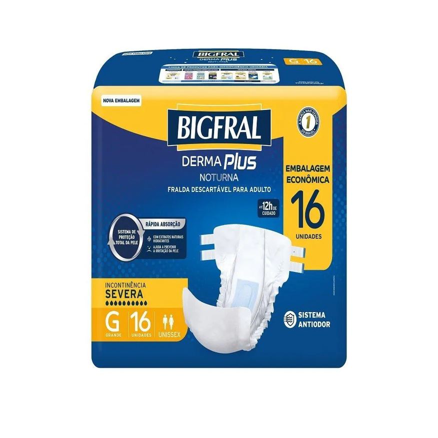 Bigfral Fralda Descartável Adulto Derma Plus Noturna Econômica Tamanho G - 4 Pacotes com 16 Fraldas - Total 64 Tiras