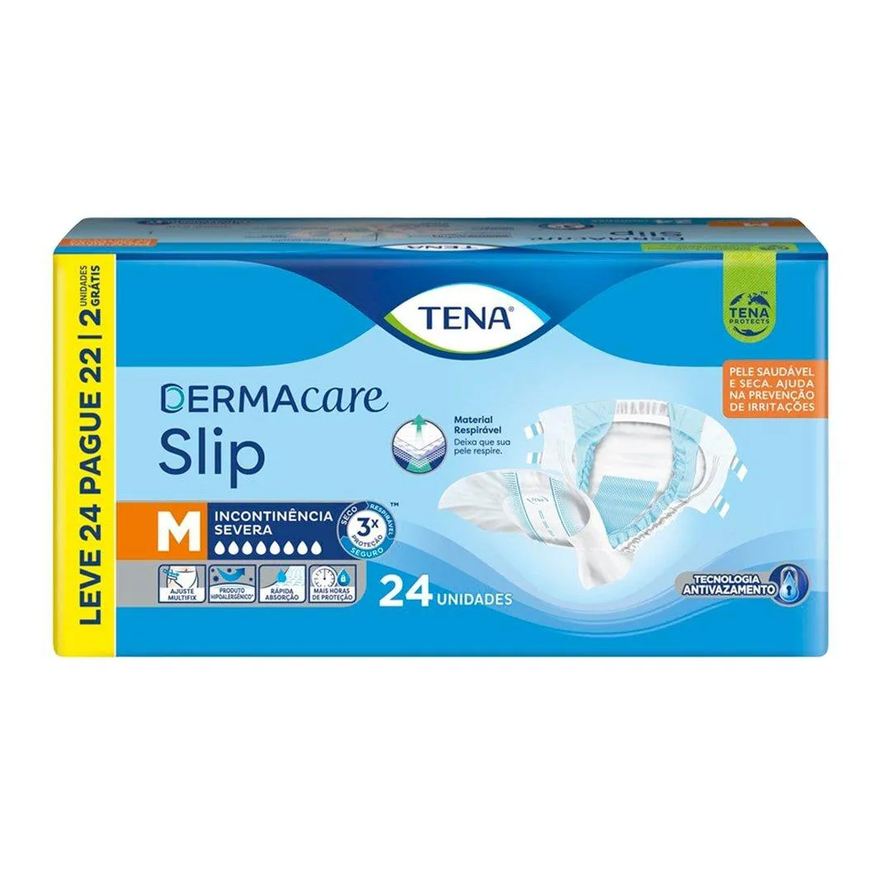 Tena Fralda Descartável Adulto - Slip Dermacare Tamanho M - 3 Pacotes com 24 Tiras