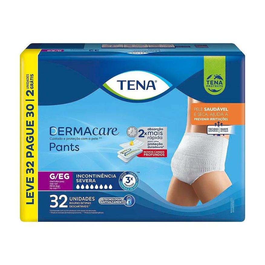 Tena Fralda Descartável Adulto Pants Dermacare Tamanho G/eg - 3 Pacotes com 32 Fraldas - Total 96 Tiras (leve 32 Pague 30)