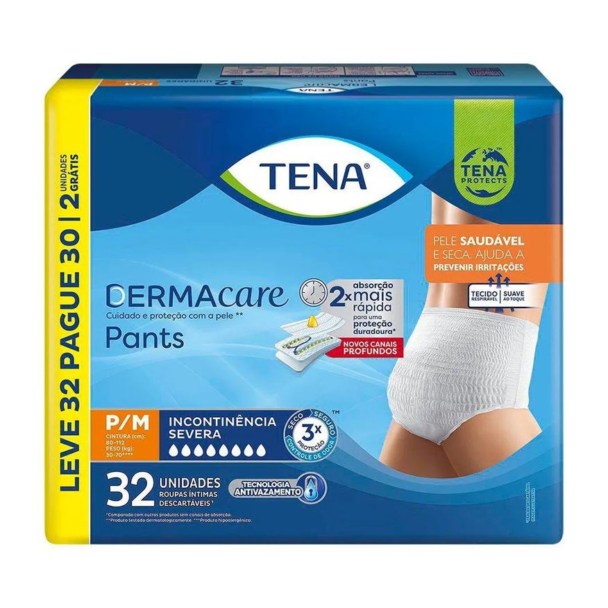 Tena Fralda Descartável Adulto Pants Dermacare Tamanho P/m - 3 Pacotes com 32 Fraldas - Total 96 Tiras (leve 32 Pague 30)