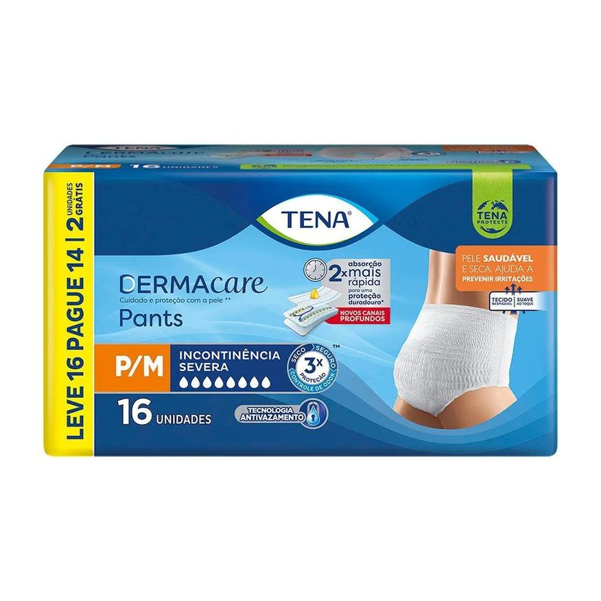 Tena Fralda Descartável Adulto Pants Dermacare Tamanho P/m - 4 Pacotes com 16 Fraldas - Total 64 Tiras (leve 16 Pague 14)