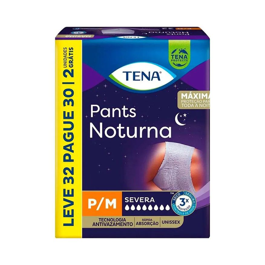 Tena Fralda Descartável Adulto Pants Noturna Tamanho P - 3 Pacotes com 32 Fraldas - Total 96 Tiras (leve 32 Pague 30)