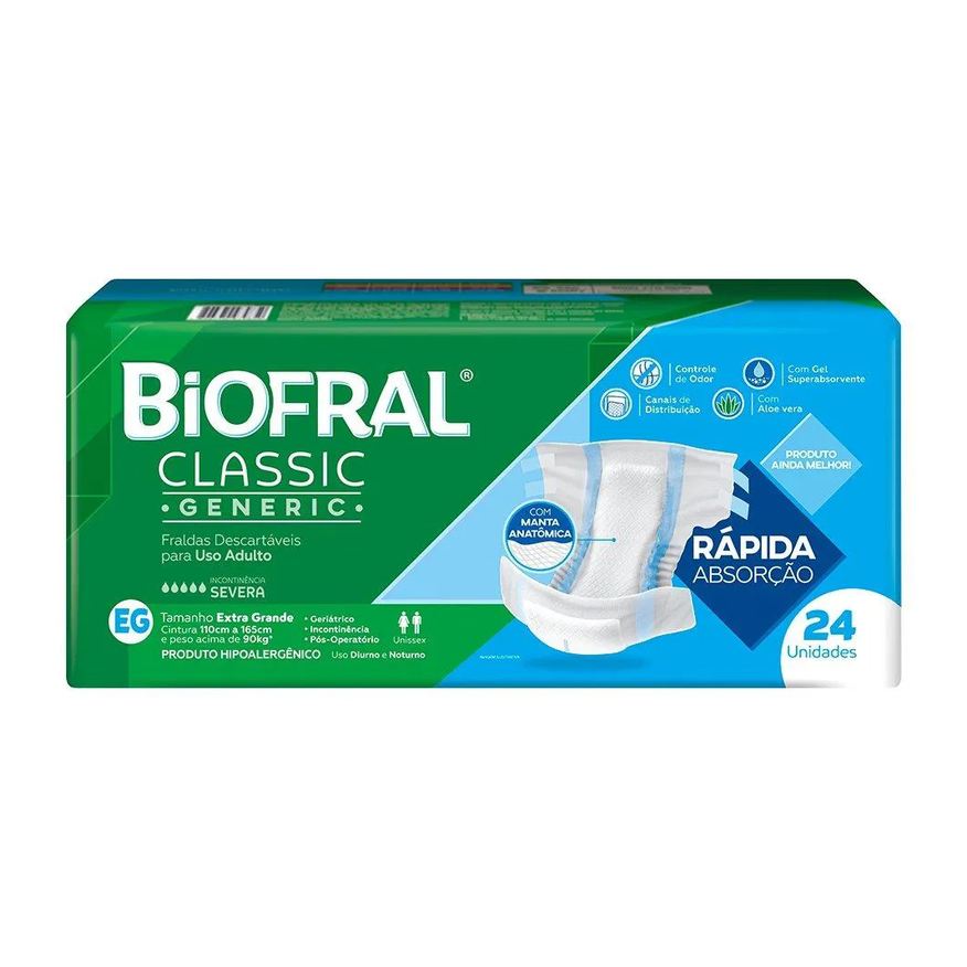 Tena Fralda Descartável Adulto Biofral Classic Generic Tamanho Xg - 3 Pacotes com 24 Fraldas - Total 72 Tiras