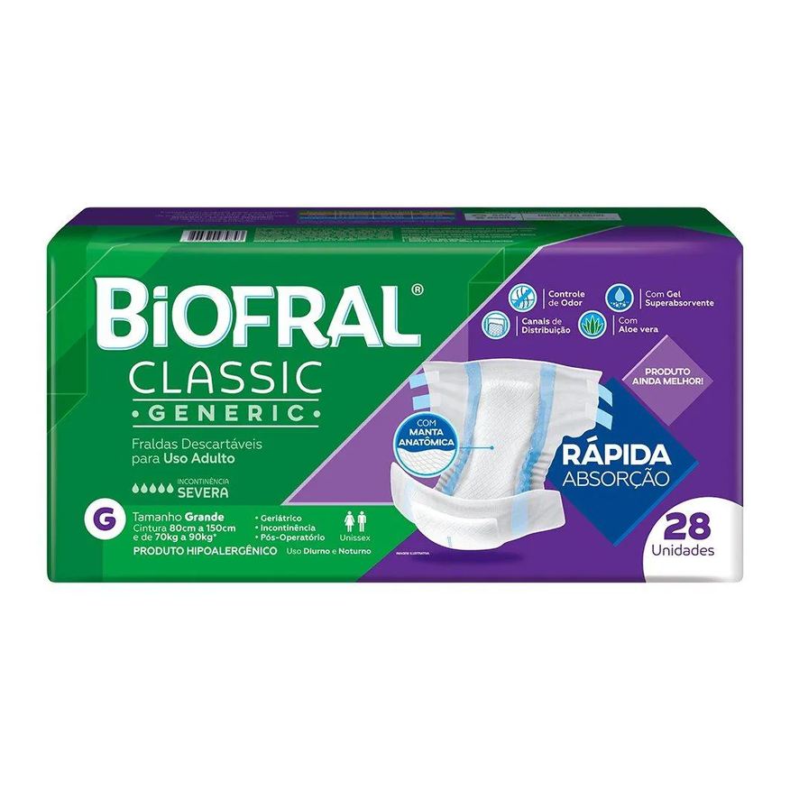 Tena Fralda Descartável Adulto Biofral Classic Generic Tamanho G - 3 Pacotes com 28 Fraldas - Total 84 Tiras