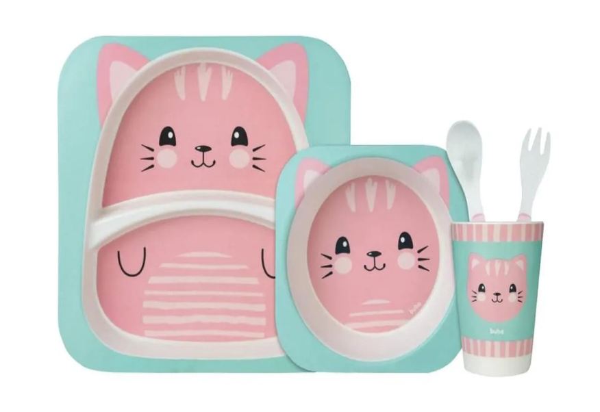 BUBA KIT REFEIçãO INFANTIL EM FIBRA DE BAMBU ECOLóGICO 5 PEçAS GATINHO