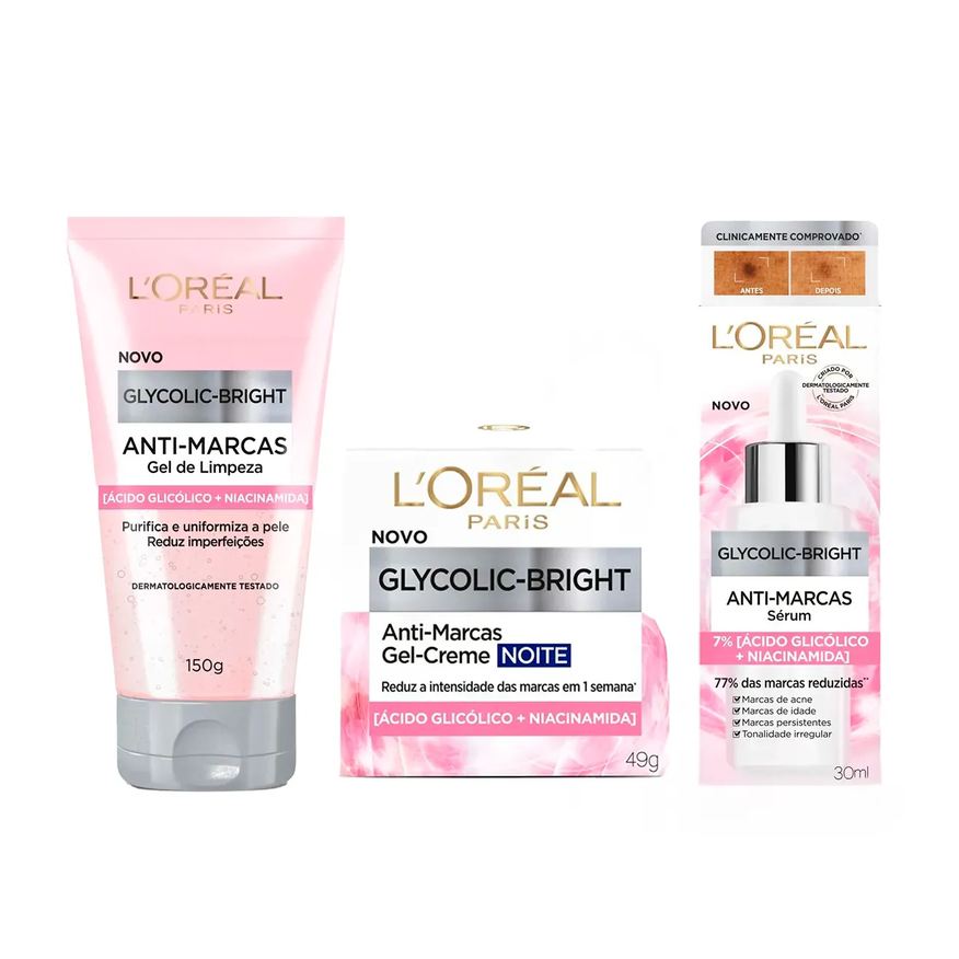 L'oreal Kit L'Oréal Paris Glycolic-Bright Rotina Completa - Gel Limpeza + Sérum + Gel-Creme Noite