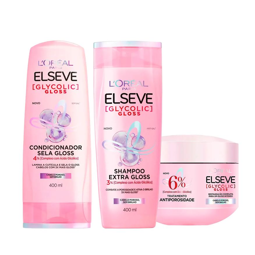 L'Oréal Paris Kit Elseve Glycolic Gloss - Shampoo + Condicionador + Creme de Tratamento