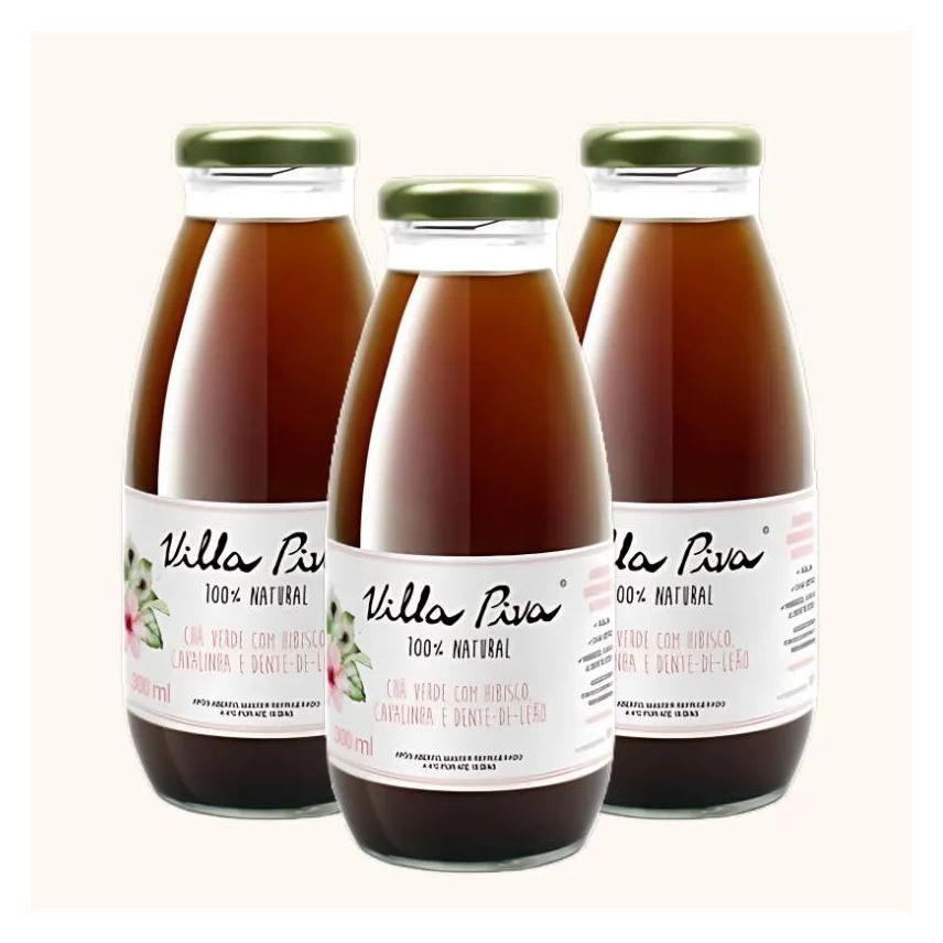 Villa Piva Kit 3x: Chá Verde com Dente de Leão, Cavalinha e Hibisco Sem Açúcar 300ml