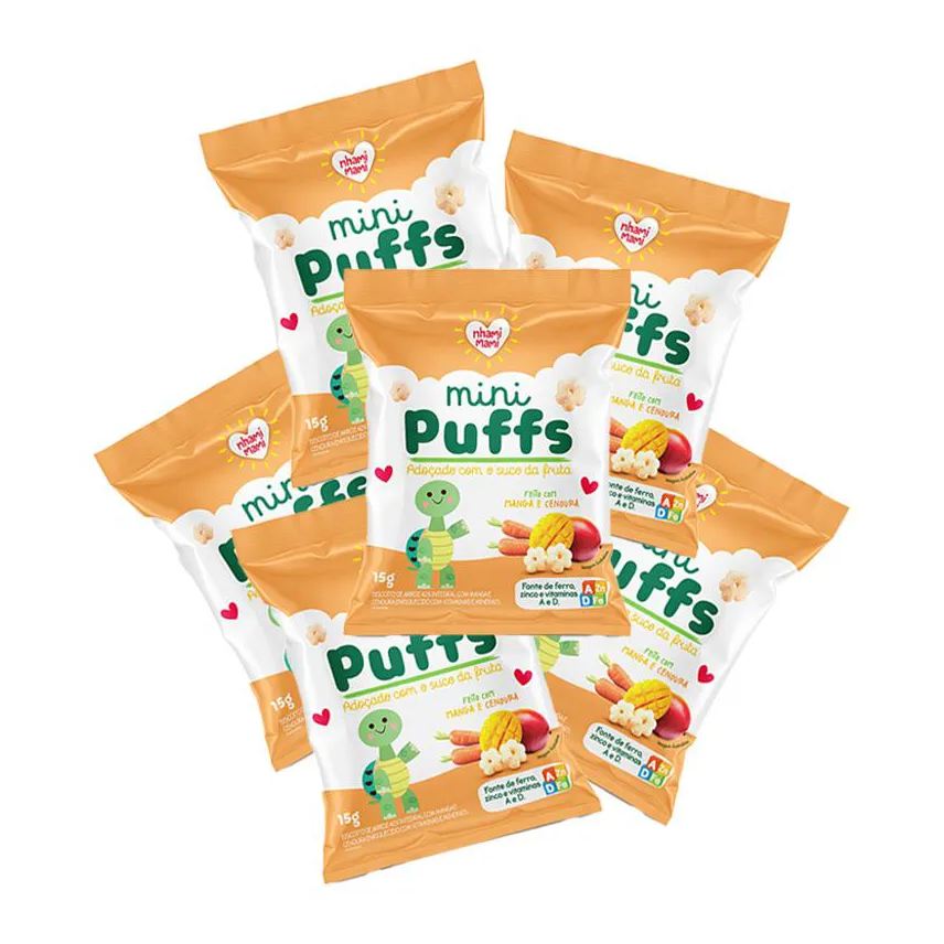 Nhami Mami Kit 6x: Snack Infantil Mini Puffs Manga e Cenoura 15g