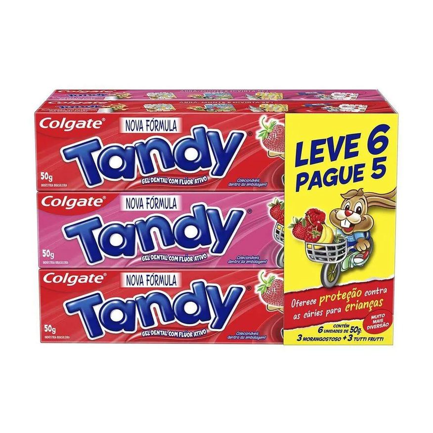Tandy Creme Dental Morango + Tutti Frutti 50g - Leve 6 Pague 5 - Embalagem com 6 unidades